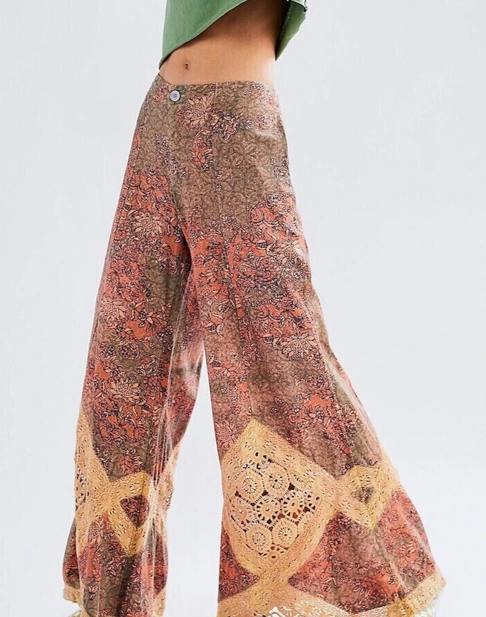 Free People NWT XS  Size 2  Crochet Boho Billowy Wide Legged Flare Pants New