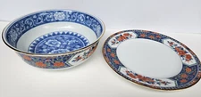Tiffany & Co Imari Blue Flowers Bowl 7 1/2" Diameter Signed Label Plate 8" Japan