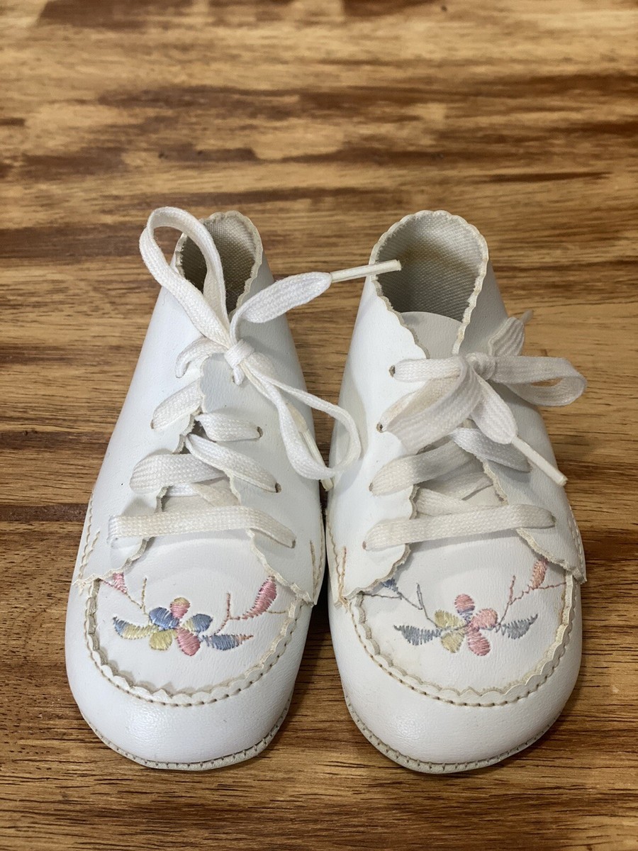 Vintage White 90's Baby Shoes. Embroidered Flowers Pink Blue Green