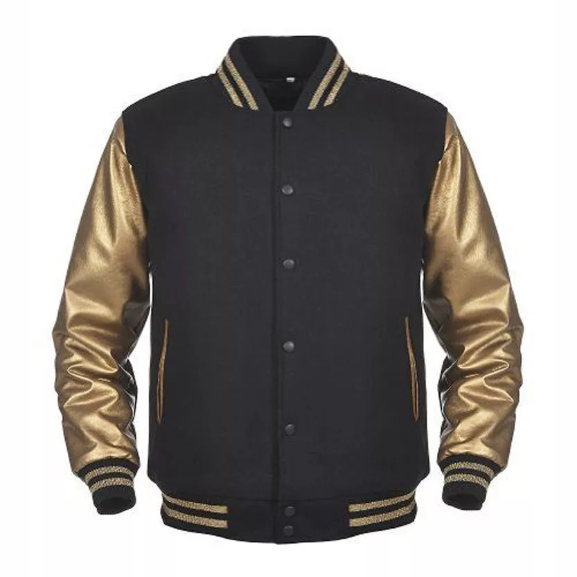 Black Wool Gold Faux Synthetic Leather Sleeves Letterman Varsity