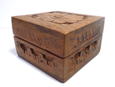 Vintage Small Carved Wood Trinket Box Made in India 3" Applied Fabric Interior