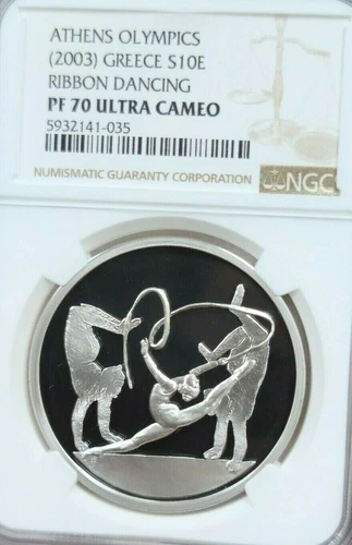 2003 GREECE SILVER 10 EURO RIBBON DANCING NGC PF 70 ULTRA CAMEO PERFECTION POP 1