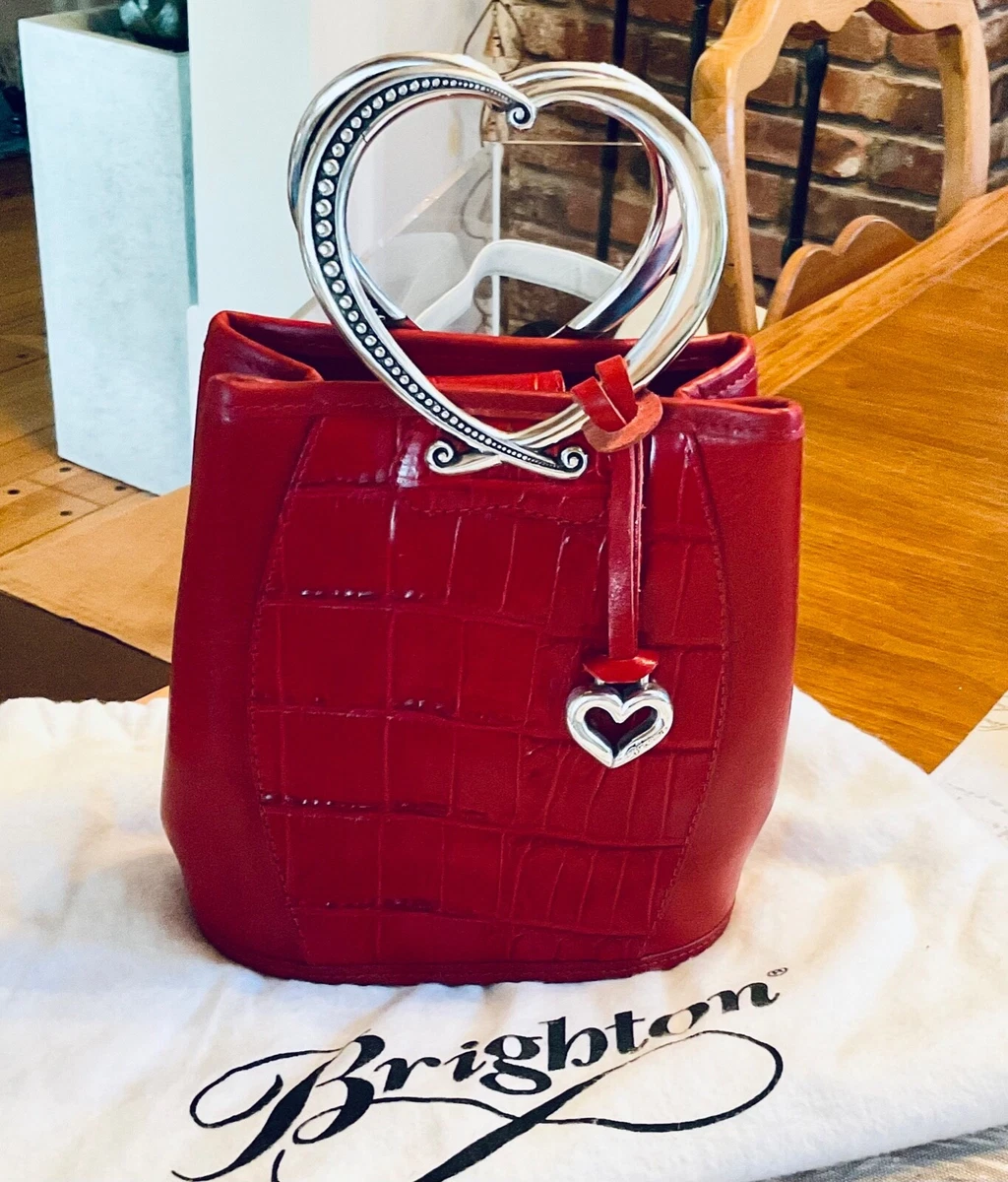 BRIGHTON RARE VTG Small Mini Heart Handle Red Leather Hand Bag Purse Bucket