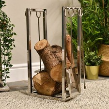 Stainless Steel Four Piece Companion Set with Log Holder - 59cm