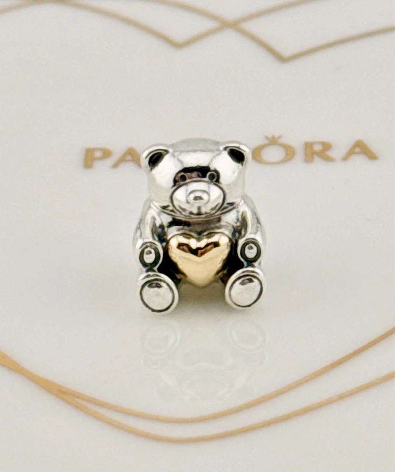 EDIÇÃO LIMITADA Novo Berloque Pandora Dois Tons Ouro 14K e Prata Urso de Pelúcia Meu Coração - Imagem 3 de 4