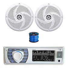 Pyle BT Marine MP3 Stereo Receiver, 2x 5.25" 180W Speakers White w/ Wire