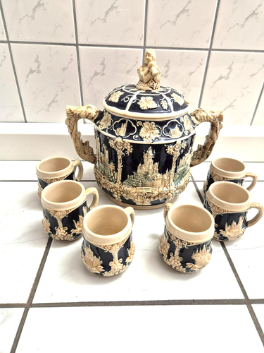 Antikes Bowle Set, Burgen Rumtopf, Keramik, Steingut mit 6 Bechern, beige/blau