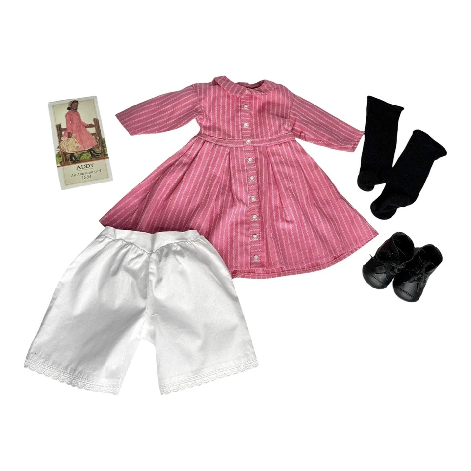 American Girl Addy Meet Conjunto Muñeca Vestido Negro Calcetines Zapatos Bloomers 1ª Edición Foto 2 de 4