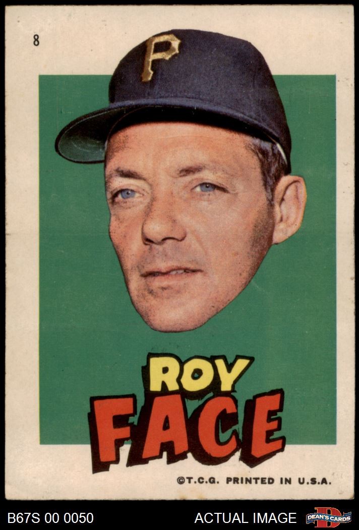 Roy Face #8 Baseball Cards 1967 Topps Pirates Stickers trading card — raw and PSA graded price guide