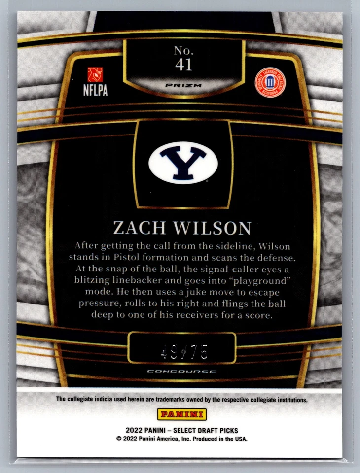 Zach Wilson 2022 Panini Select Draft Picks Purple Prizm #/75 #41 BYU Cougars - Image 2 of 2