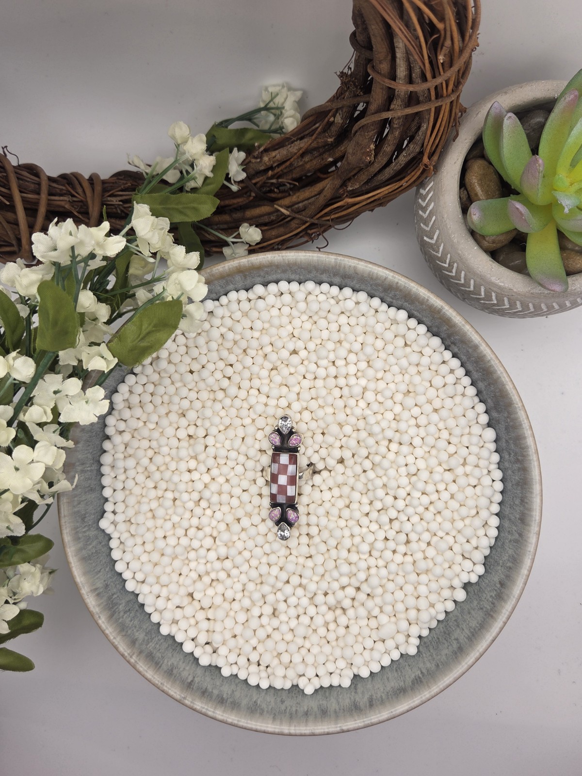 Sterling Silver Rectangular Pink White checkered … - image 1