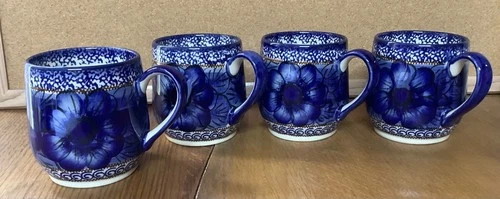 Boleslawiec (4) Signed Pottery Coffee Mugs Blue Floral Hand Made Poland UNIKAT