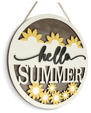 3D Textured Hello Summer Sign - Sunflower Round Wooden Hanging Decor for Front