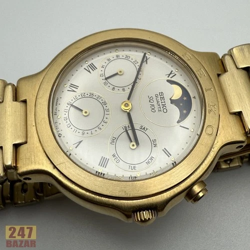 Vintage Seiko Day Date Moonphase Gold Tone Quartz Men's Watch 7F38-6119