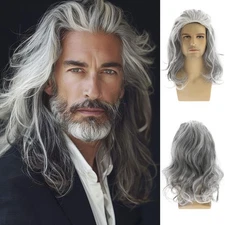 Long Wavy Grey Wigs for Men Synthetic Heat Resistant Cosplay Halloween Costum...