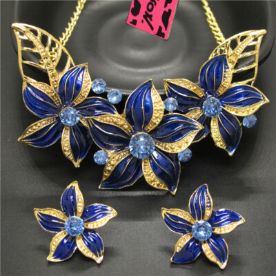 Fashion Lady Blue Enamel Camellia Flower Crystal Women Necklace Earring Set