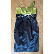 Tease Me Womens One-Shoulder Green Black Satin Dress With Beaded Waist Size 9