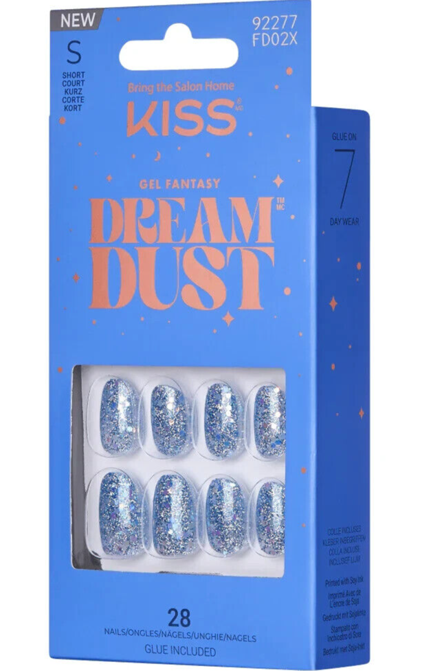 KISS GEL FANTASY DREAM DUST FALSE NAILS 28 SHORT NAILS with GLUE OVAL GRWM BLUE