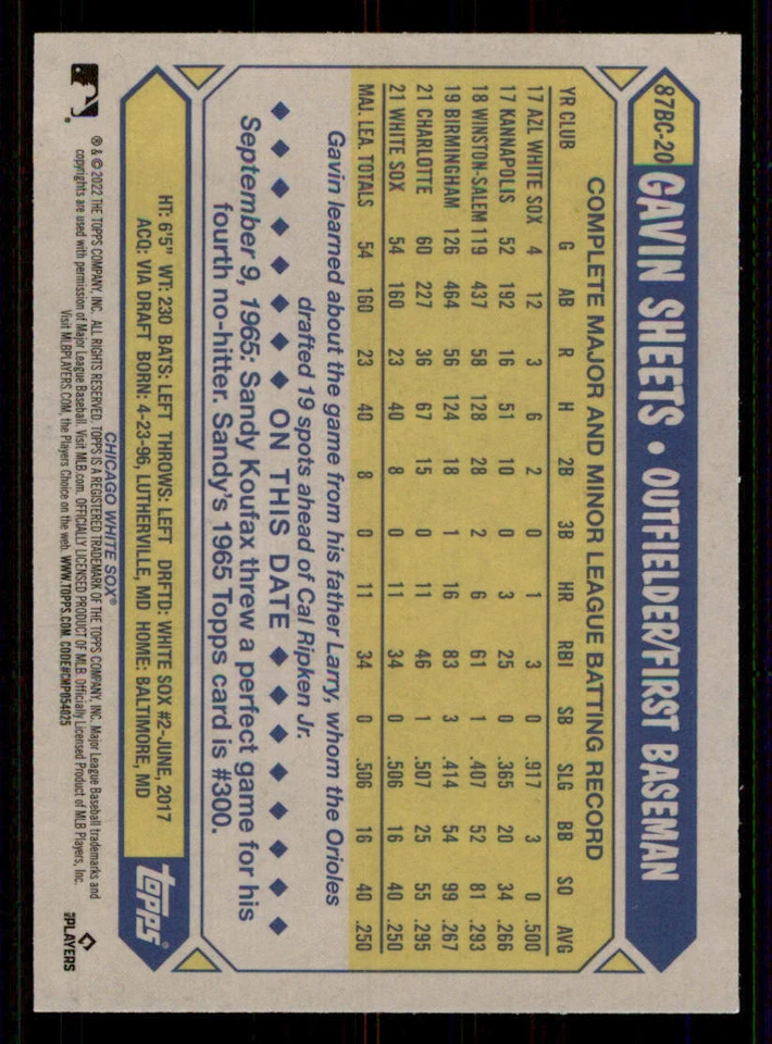 2022 Topps Chrome '87 Topps #87BC20 Gavin Sheets - Image 2 of 2