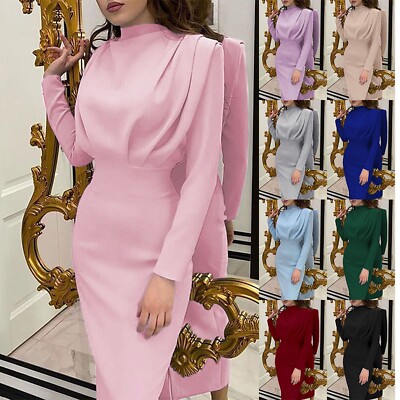 Women Long Sleeve High Neck Dress High Waist Elegant Ruched Knee Length  Dresses | eBay