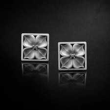 Dainty Prong Set Black Onyx Four Petal Square Design Cufflinks In 935 Silver