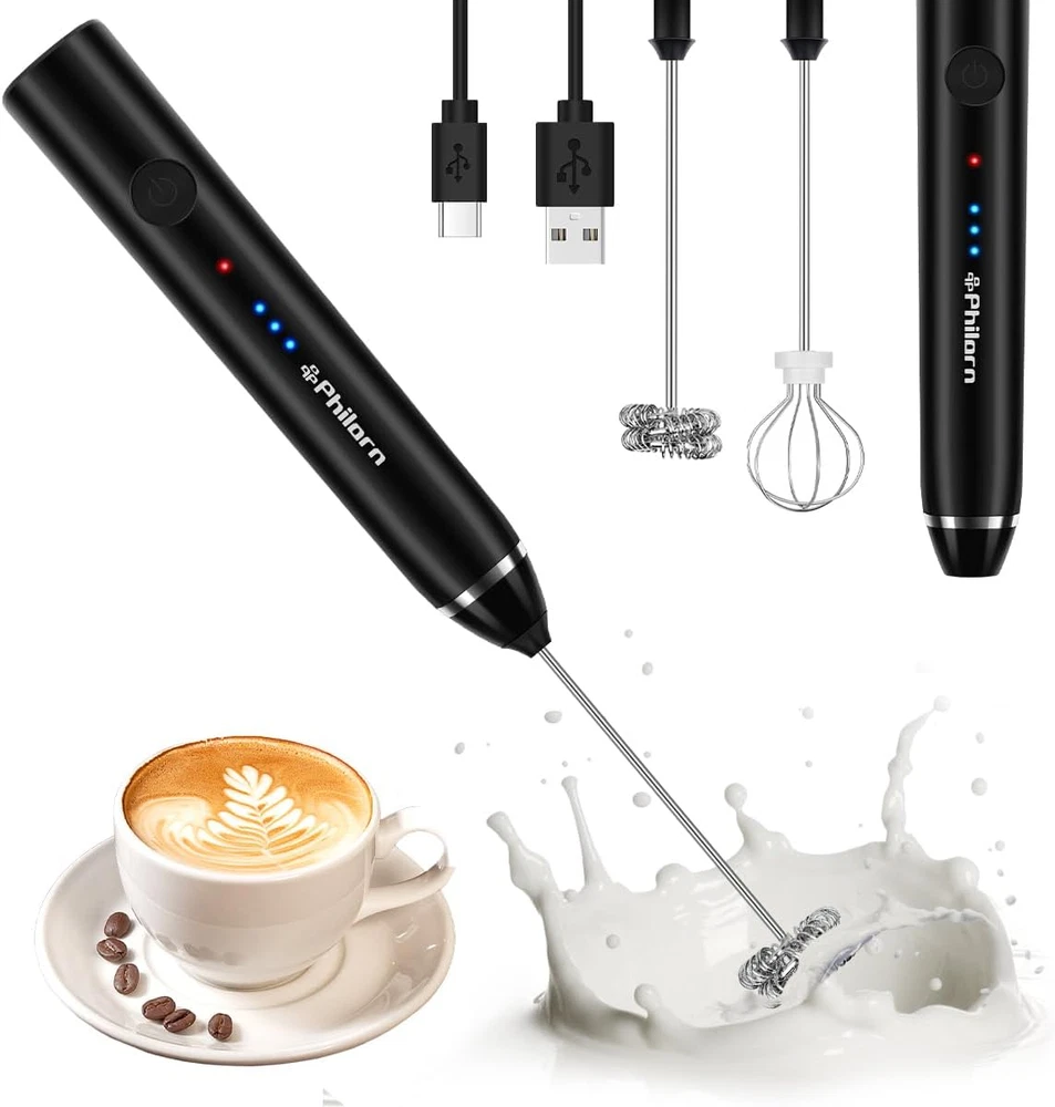 Milk Frother Handheld Rechargeable Coffee Frother - Frother Wand with 2 Heads, E