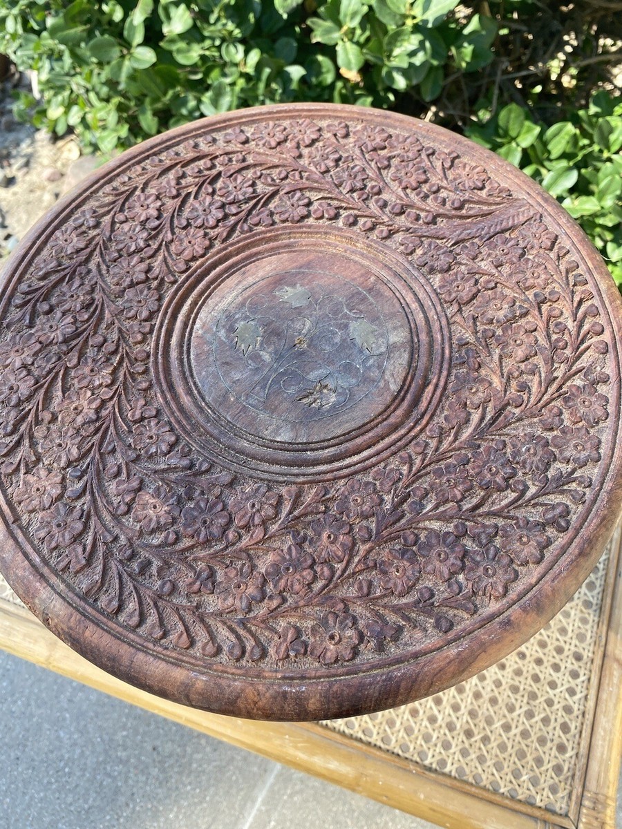 Vintage Carved Wood Table + Base India Small Ornate Floral