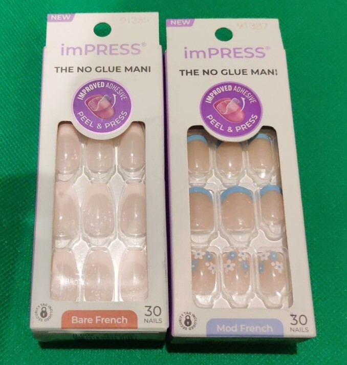 Lot Of 2 Kiss IMPRESS NO GLUE MANI 30 PRESS ON FRENCH BLUE WITH FLOWERS