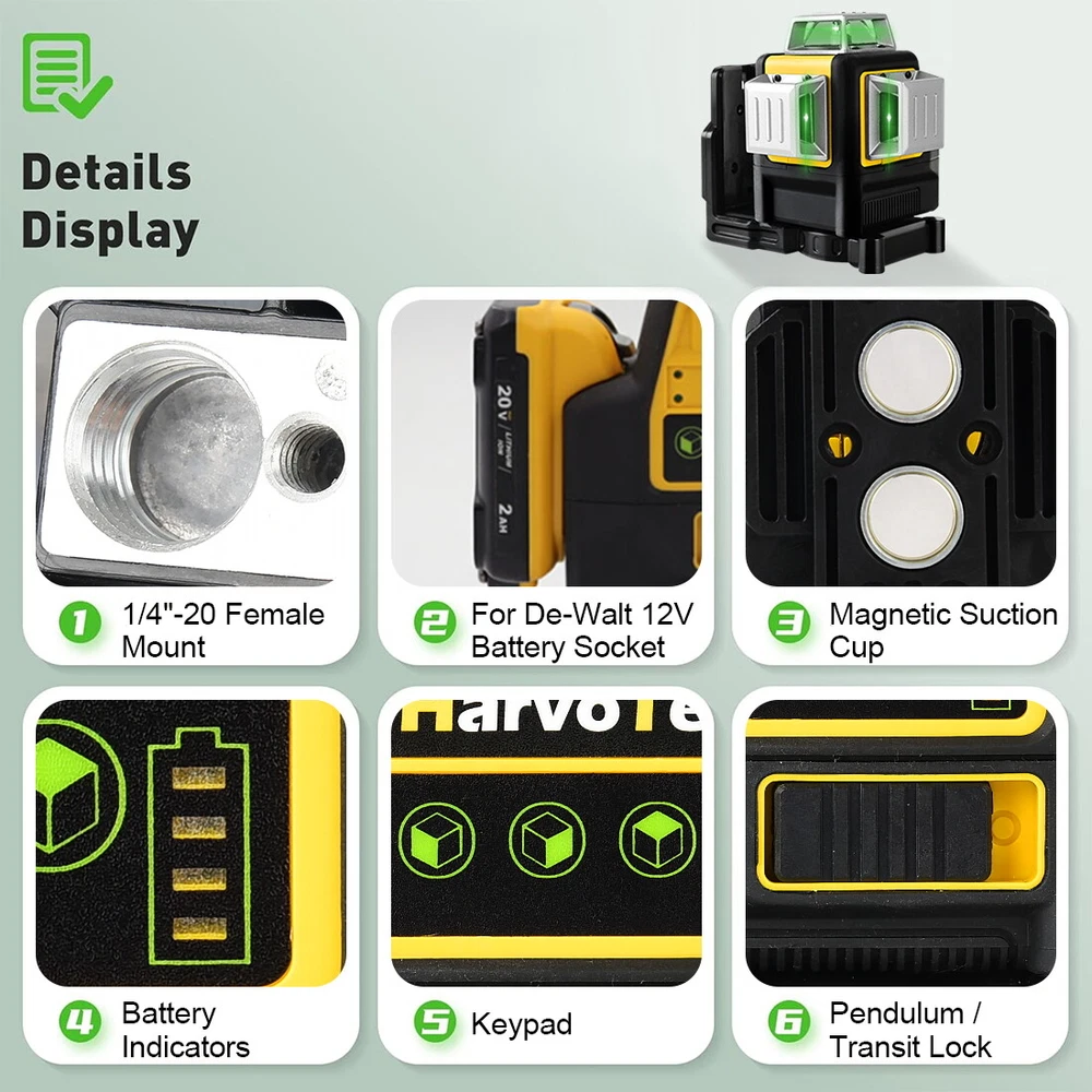 Laser Level for Dewalt 12V 3 Sides*360° Vertical 12 Lines Horizontal Green Light Laser Level for Dewalt 12V 3 Sides*360° Vertical 12 Lines Horizontal Green Light