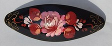 New Handpainted Oval Hair Barrettes Pink Floral w/Black Lacquer on Wood