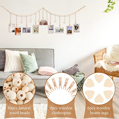 Fotoaufsteller zum Aufhängen mit Clips, 9 Holzclips, Boho Bilderrahmen Collage 1 - Bild 3 von 8
