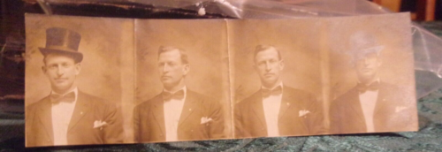 Antique Sepia Photo Test Proof Strip Pin Pong pictures Man Bowler Top hat uncut - Photo 1 sur 10