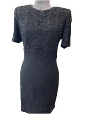 Vintage Lawrence Kazar Formal Dress Womens Large Black Formal Beaded Cocktail-EC