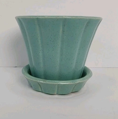 Vtg McCoy Turquoise Flower Pot w/Saucer  Small Ribbed Panel Pottery Planter 4"