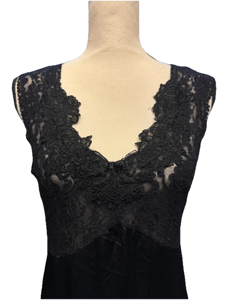 Black Velvet Lace Maxi Lingerie Dress Gothic  Evening Gown Sheer Slip Sexy Club - Image 3 of 4