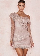 NWT House of CB Sorrel Tulle Asymmetric Lace Frill Mini Dress in M, Blush