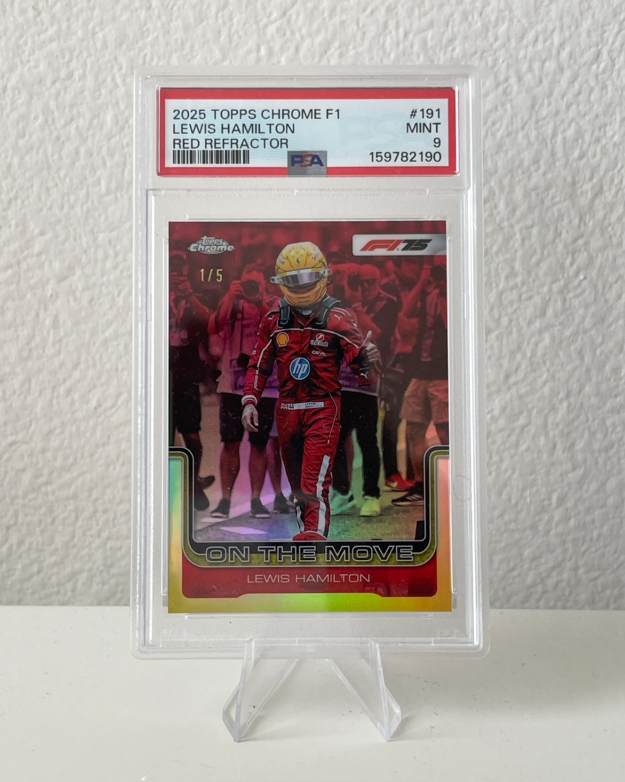 2025 Topps Chrome Formula 1 Lewis Hamilton “On the Move” 1/5 Red Refractor PSA9 view 4