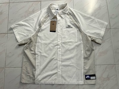 Men M Oversized Nike SB Woven Short Sleeve Button Bowler White Shirt HJ2958-133