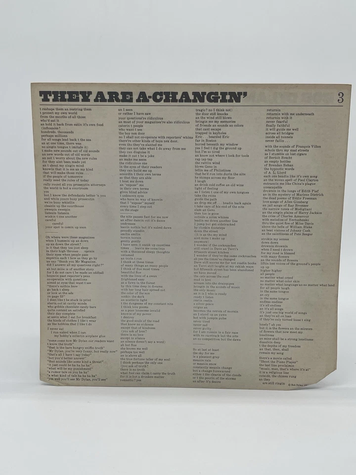 BOB DYLAN THE TIMES THEY ARE A-CHANGIN 12" LP VG VINYL RECORD COLUMBIA w/INSERT - Image 3 of 4