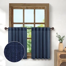  Blue Half Curtains for Windows 36in Long Flax 30"W x 36"L (Pack of 2) Navy