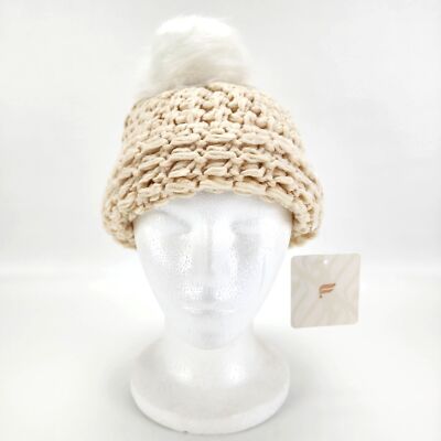 NEW Fabletics The Chunky Knit Beanie With Pom color Buff discontinued