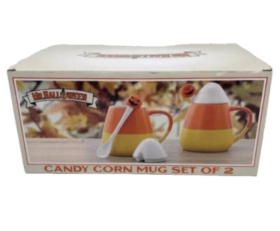 Mr Halloween Candy Corn Mugs w/ Spoons & Lids Set of 2 Yellow and Orange