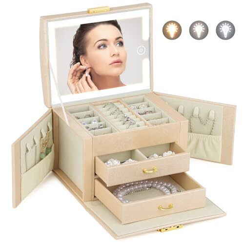 Jewelry Box with LED Mirror, 3-Tier Jewelry Storage Organizer with 2 Pink-image