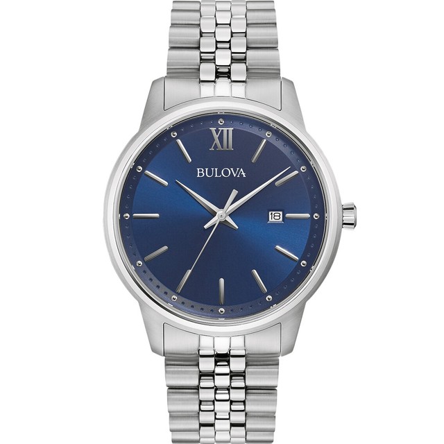 Bulova Men's Classic Silver Stainless Steel Blue Dial Date Watch 96B334