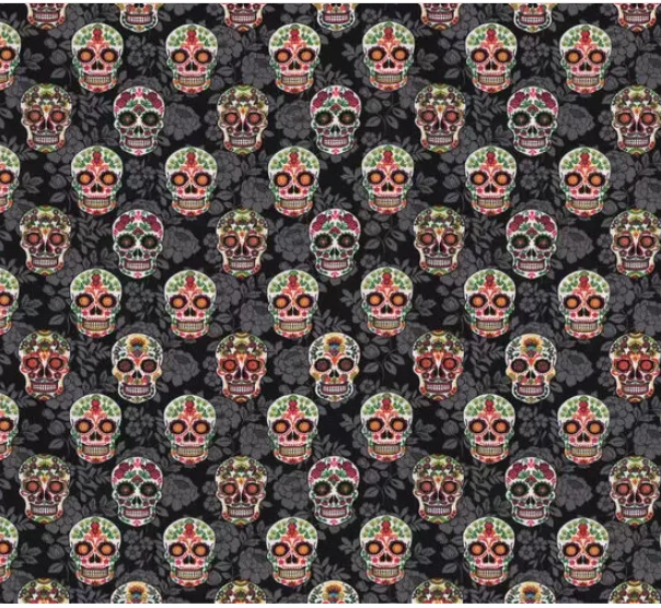 POR Coloridas Calaveras de Azúcar en Negro Estampado Floral 100% Algodón Tela Edredón por Yarda Foto 2 de 2