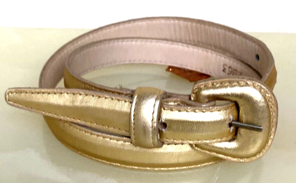 VTG Belt S Narrow Shiny Gold Leather Saks Fit 24 29