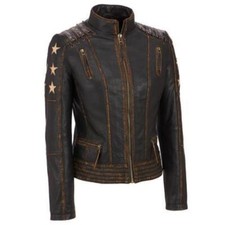 Women's Distressed Brown Caf Racer Vintage Biker Leather Jacket