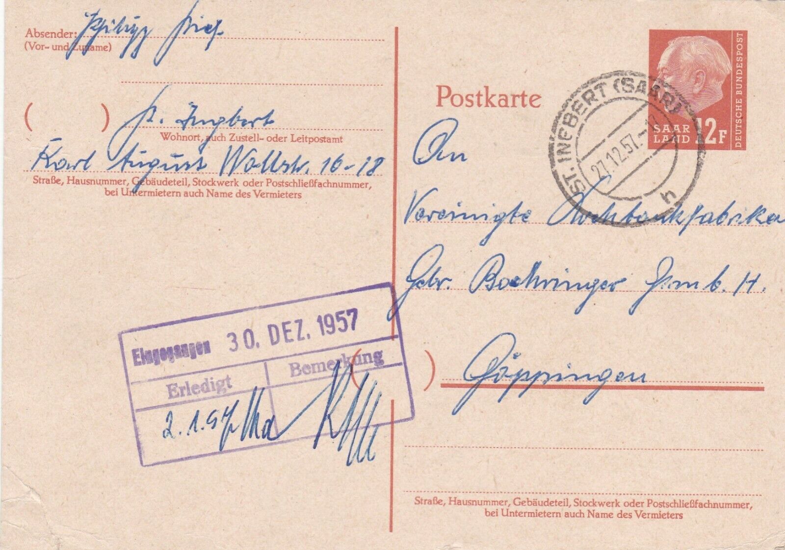 Saarland 1957 St Ingbert-Goppingen Postcard 12f VGC special cancel