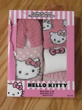 Hello Kitty Womens Fuzzy (1) Slipper Socks + (3) Crew Socks Gift Set