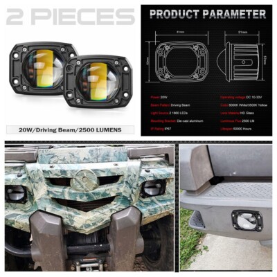 Led Off Road Lights 2-Pack 3 Inch LED Work Light Pods - Flush Mount, Yellow/ White Beam, Off-Road & Fog Lights 2500 Lumen Light Pod Pair - Foto 8